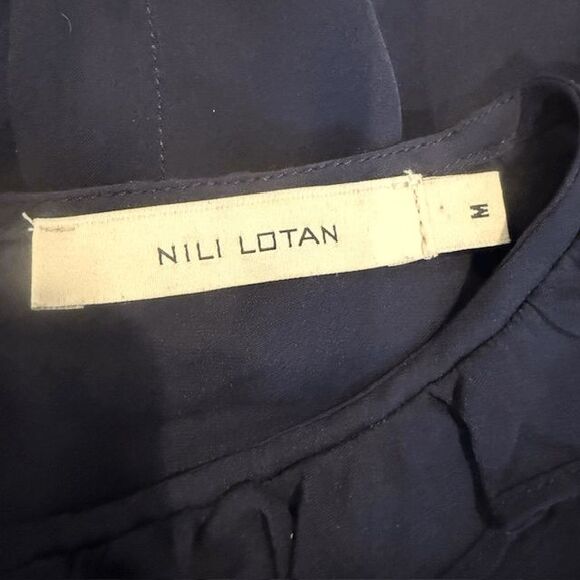 Nili Lotan 100% Silk Navy Blue Blouse Ruffle Neck Button Up Back Size Medium - Picture 5 of 12